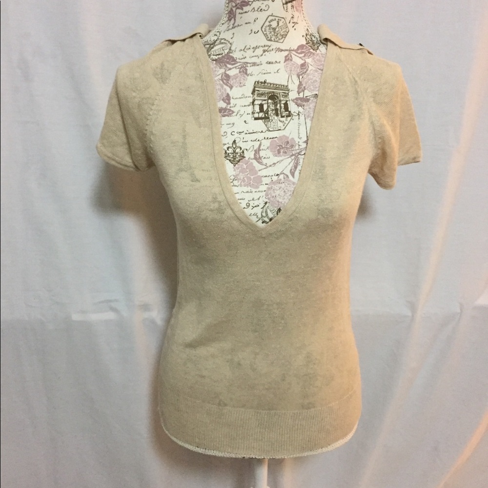 Issac Mizrahi low cut plunge V-Neck flax tan Linen blend cap sleeve Top Size XS